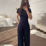 Fongt Summer New Women's Round Neck Solid Color Wide Leg Pants Commuting Leisure Suit Women
