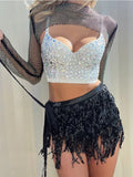 Women Rhinestone Crop Tops With Fishnet Diamond Long Sleeve Cover Up Metal Sequins Tassel Mini Skirt Rave Festival