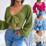 Wind Shooting Autumn And Winter Fashion Bow V Leader Lantern Sleeve Open Umbilly Sweater Women's