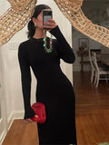 Fongt Spring Knitting Bottom Long Sleeve Long Dress Women's Round Neck Solid Color Strap High Waist Tight