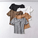 New Solid Color Four-Button Elastic Basic T-Shirt Summer Women's Short Navel-Missing Short-Sleeved Blouse-Outfit