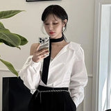 Shirts Blouses Elegant Feminino Blusas Mujer Full Sleeve Camisas Clavicle Exposed Ropa Spring Lapel Womens Clothing-Outfit