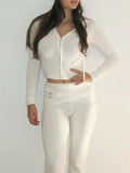 Knit Zipper Hodded Top And Pants Set-Outfit