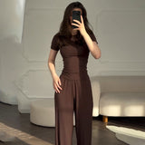 Fongt Summer New Women's Round Neck Solid Color Wide Leg Pants Temperament Commut Fashion Set
