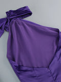 Purple Satin Halter Neck 3D Flower Design Backless Maxi Dress-Outfit