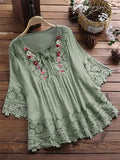 Cotton Linen Stitching Lace Elegant Solid Color V-neck Loose Women's