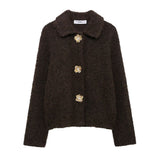 Fongt Explosive Women's Artificial Fur Belt Flower Button Knitted Cardigan