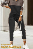 Autumn Lady Casual Long Pants Suit Women Patchwork Zip Top Print Trousers Set Loose High Waist Pants Two Piece Set