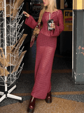 Crochet Hollow Backless Long Sleeve Cover Up Maxi Dress-Outfit