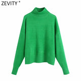 Women Simply Mock Neck Solid Green Color Casual Knitting Sweater Female Chic Basic Long Sleeve Pullovers Brand Tops