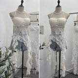 Real Patted Neck Lace Breast Pad Sling Sling Sling Waist Sling Babes Design Feeling Ribbon Mid-Long Blouse