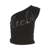 Fongt Summer Fashion Trend Women's New Slant Shoulder Repair Letter Hot Umbilical Vest