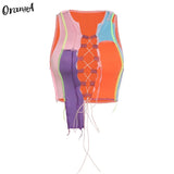 Women Ribbed Sexy Hollow Out Clubwear Y2K Top Striped Patchwork Stretchy Bandage Drawstring Sleeveless Party