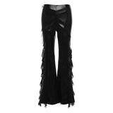 Fongt Summer High-Rise Street Fashion Hottie Mesh Splicing Design PU Leather Trumpet Trousers Women