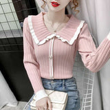 Winter Sweater Peter Pan Collar Pearl Button Pullover Women Long Sleeve Top Knit Slim Hit Color Sweaters Ladies Pull