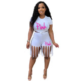 Plus Size Women Set S-5XL PINK Letter Print Round Neck Top And Tassel Shorts Two Piece Sets Casual 2pcs Outfits
