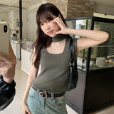 Sense Hanging Neck Shoulder Sleeveless Knitted Shirt Spring New Slim High Waist Short Vest Bottomed