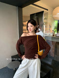 Fongt Xixi 2025 Autumn New White Standard Temperament Slant Shoulder Solid Color Knit Shirt Long Sleeve Top Sweater Female 89527