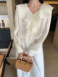 Fongt Price Does Not Return] Xiu Xixi 2025 Autumn Lotus Leaf V-Neck Chiffon Shirt Long-Sleeved Shirt Women 89573