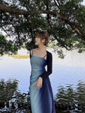 Gradient Blue Patchwork Strap Dress Spring New Ruched Backless A-line Vestidos Sexy Hot Slim Fit Long Robe Mesh Y2k-Outfit