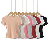 Trend Women's Wear Thread Slim Short-Sleeved T-Shirt Sexy Round Collar Solid Color Shoulder Show Thin Short Navel Blouse-Outfit