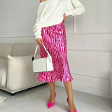 Pink Printed Satin Midi Straight Skirt-Outfit