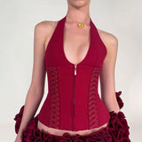 Fongt Trendy Sexy Strap Girded Waist Design Solid Sexy Hot Babes Hanging Neck Zipper Small Vest 2025 New