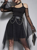 Dark Grunge Punk Black Mesh Mini Dresses Women Mall Gothic Alternative Halter Partywear Flare Sleeve Off Shoulder