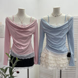 Spring Fake Two Lace Lace Collar Folded Long Sleeves Slimming Bottom T-Shirt Blouse Woman