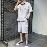 Men's Set Korean Casual Striped Short Sleeve Shirts Knee-length Elastic Shorts Chest