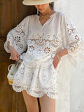 Fongt Hollow Famous Lady Small Fragrant Suit Female Design Sense French White Lace Shirt South Oil Women's Summer