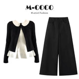 Fongt High-Grade Black Knitted Cardigan Doll Collar Bottom Shirt Jersey Trousers Three-Piece Set