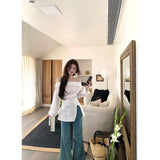 Fongt Fashion Sexy Shoulder Long-Sleeved Shirt Women Spring Waist Thin Inside With White Shirt Top