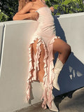 Irregular Ruffle Bandeau Maxi Dress-Outfit
