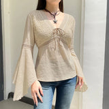 Fongt And Casual Wind Jacquard Net Cloth Lotus Leaf Sleeve Shirt Female New Versatile V Collar Bandwidth-Outfit