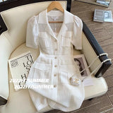 Dress Women French Vintage Short Puff Sleeve Single Breasted Notched V Neck Blazer Dresses Women Chic Retro Elegant