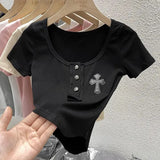 Square Collar Crop Tops Black Cross Appliques Solid T Shirts Skinny Basic Office Lady Streetwear Summer Casual Korean Ins-Outfit