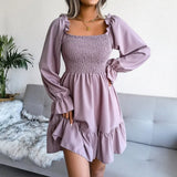 Temperament Pleated Long Flared Cape Sleeve Mid-length Skirt O-neck Slit Back Stretch Dress