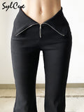 Black Slim Stretch Versatile Commuter Classic High Waist Simple Split Young Women's Zipper Flared Trousers Girl Casual-Outfit