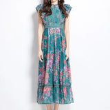 Fongt Elegant Dress 2025 New Retro Lace To Receive Waist Temperament Print Lotus Leaf Side Long Dress Woman