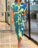 Fongt Summer Single Buckle Long Shirt Women's Printed Short-Sleeved Dress