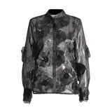 Fongt Retro Versatile Top Fall 2024 New Three-Dimensional Flower Embroidery Design Loose Mesh Perspective Shirt-Outfit