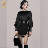 Korean Ladies Light Luxury Design Two Piece Suit Lantern Sleeve Beading Top High Waist Slim Short Skirt