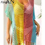 Contrast Color Sexy Loose Pullover V-neck Tassel Hollowed Out Beach Sunscreen Bikini Beach Blouse Bathing Suit WomenCover