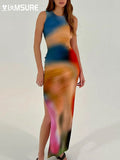 Tie Dye Printed Split Dress Holiday Sexy Slim Sleeveless O-Neck Maxi Dresses For Women 2022 Beach Style Straight