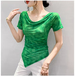 Printed Mesh Tee Shirt Female Slash Neck Short Sleeve Irregular T Shirts Women Summer T-shirt Top-Outfit