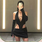 Fongt Summer New Sexy Back Hanging Neck Hollow Out Strap Suit Skirt