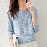 New High-end Crocheted Hollow Blouse Blue O-neck Three-quarter Sleeve Fairy Lace Blouse Elegant Apricot Print Shirt
