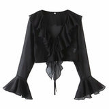 Stylish Women Sexy Tie bow Front Ruffles Cropped Shirt High waist Short Blouse Long Flare sleeve French Tops Black