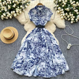 Fongt 2025 New Clip Short Sleeves Lightly Knee Vintage Printed Dress Elegant Waist Grand Slap